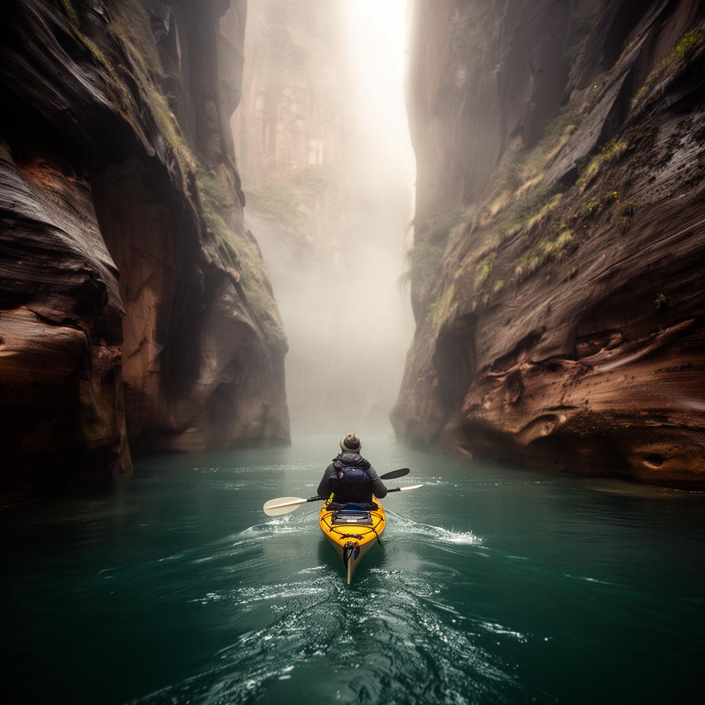 Kayak navigating a narrow canyon passage