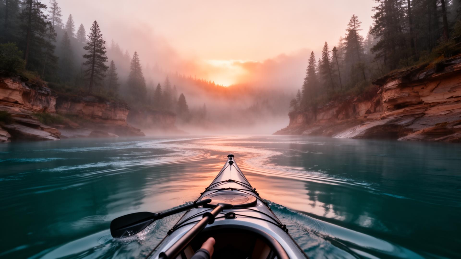 First-person view from a kayak gliding down a misty river at sunrise