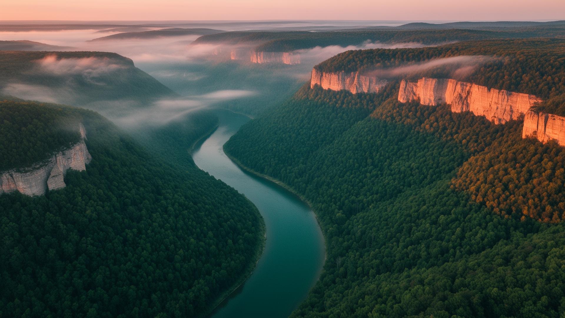 Aerial view of a winding river through forested cliffs